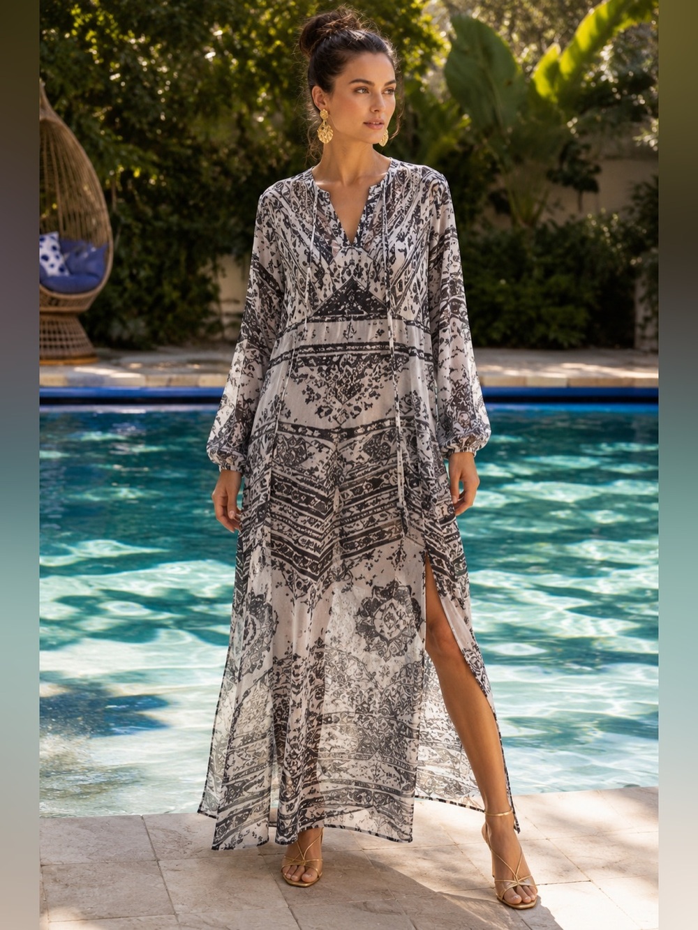 Hale Bob 100% Silk Resort Maxi Tunic Dress Belted Side Slits Boho Luxe M